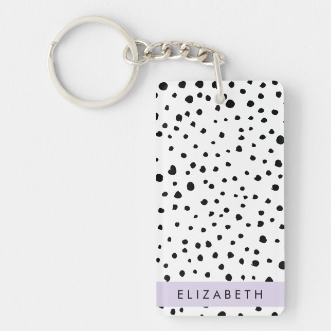 Dalmatian Dots, Spots, Black and White, Your Name Keychain (Front)