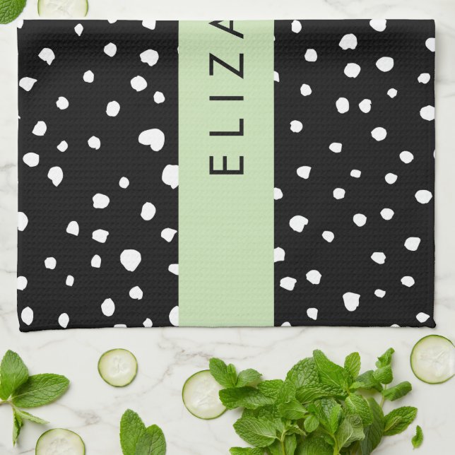 Dalmatian Dots, Spots, Black and White, Your Name Kitchen Towel (Folded)