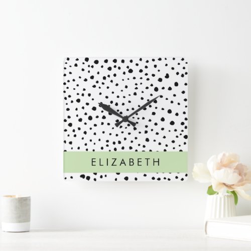 Dalmatian Dots Spots Black and White Your Name Square Wall Clock