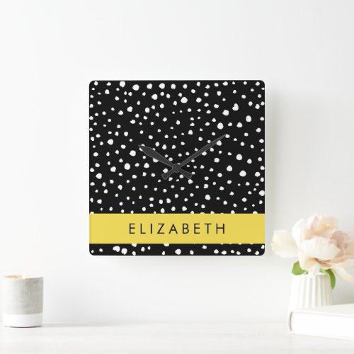 Dalmatian Dots Spots Black and White Your Name Square Wall Clock