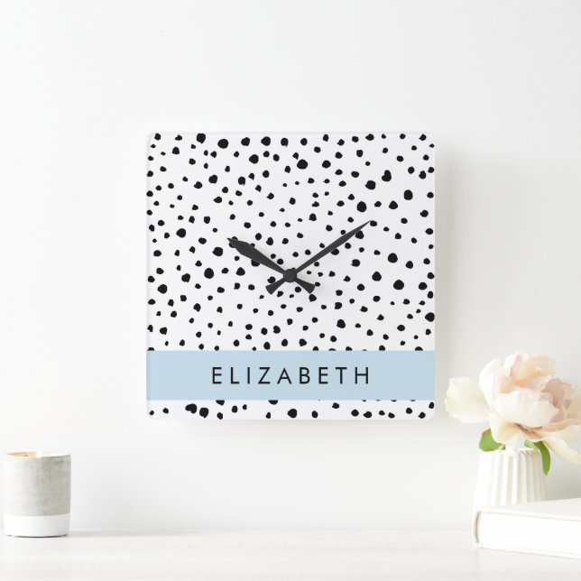 Dalmatian Dots, Spots, Black and White, Your Name Square Wall Clock (Home)