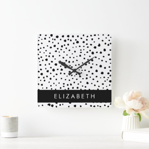 Dalmatian Dots Spots Black and White Your Name Square Wall Clock