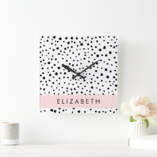Dalmatian Dots, Spots, Black and White, Your Name Square Wall Clock