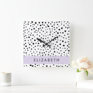 Dalmatian Dots, Spots, Black and White, Your Name Square Wall Clock