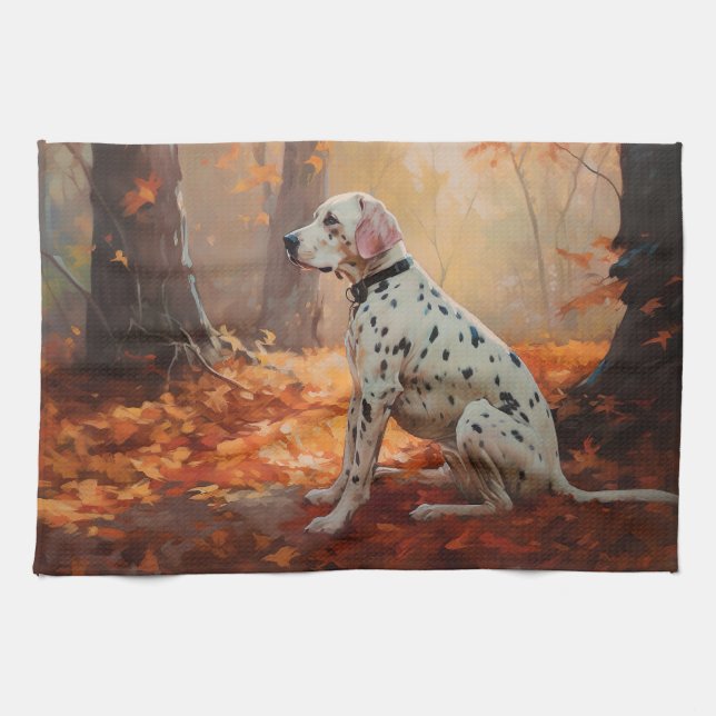 Dalmatian  in Autumn Leaves Fall Inspire  Kitchen Towel (Horizontal)