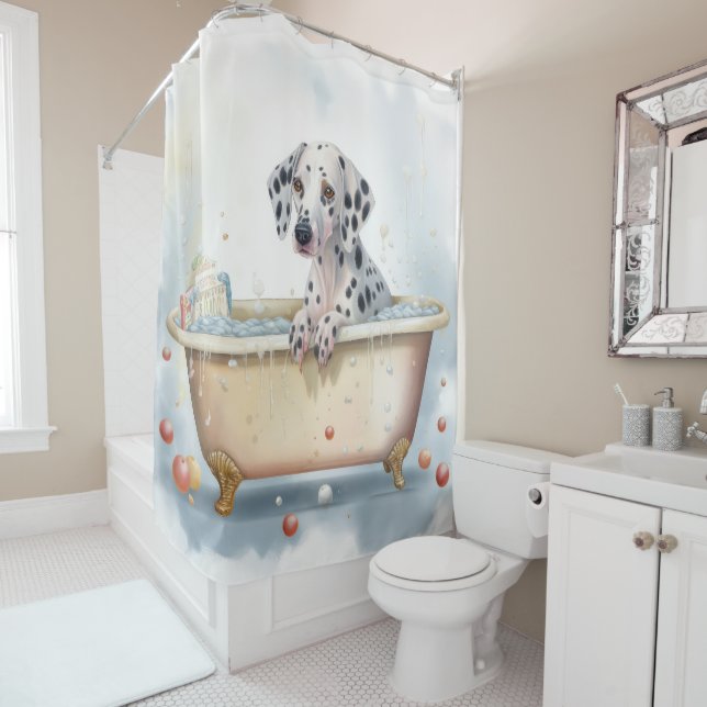 Dalmatian In Bathtub Watercolor Dog Art Shower Curtain (In Situ)