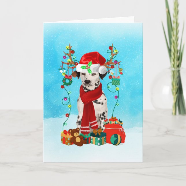 Dalmatian in snow with Christmas gifts  Card (Front)