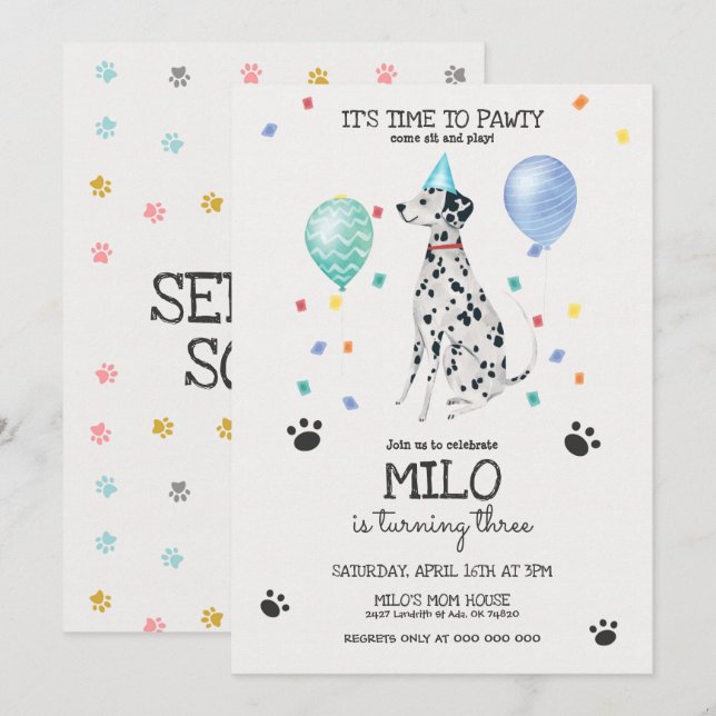 Dalmatian Lets Pawty Dog Birthday Invitation Blue (Front/Back)