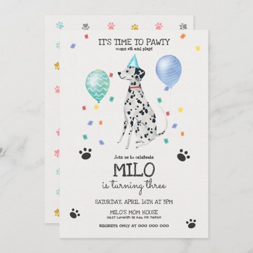 Dalmatian Lets Pawty Dog Birthday Invitation Blue