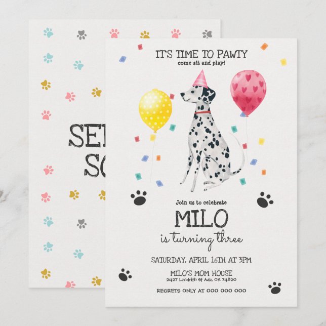 Dalmatian Lets Pawty Dog Birthday Invitation Pink (Front/Back)