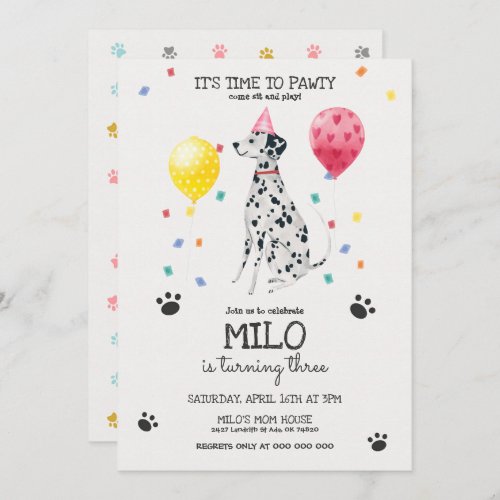 Dalmatian Lets Pawty Dog Birthday Invitation Pink