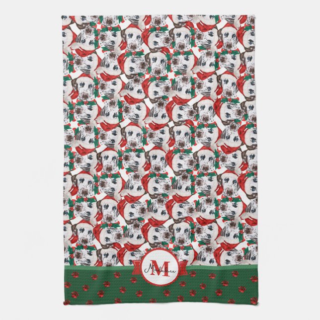 Dalmatian Pattern Monogram Christmas Dog Kitchen Towel (Vertical)