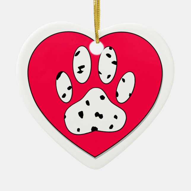 Dalmatian Paw Print In Red Heart Ceramic Ornament (Front)