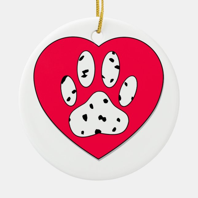 Dalmatian Paw Print In Red Heart Ceramic Ornament (Front)