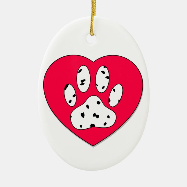 Dalmatian Paw Print In Red Heart Ceramic Ornament (Front)