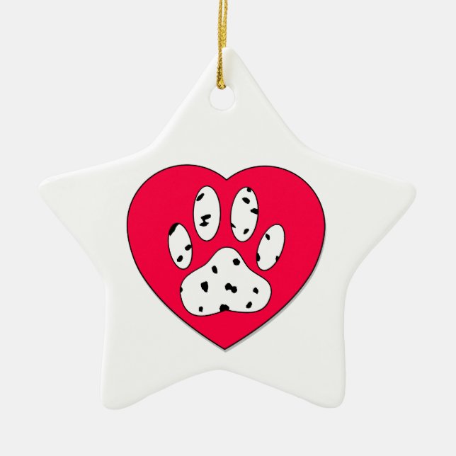 Dalmatian Paw Print In Red Heart Ceramic Ornament (Front)