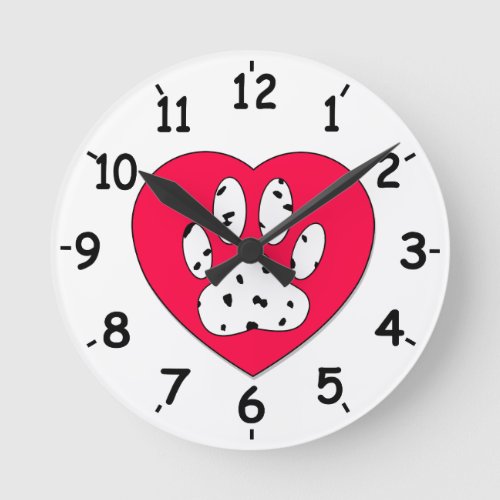 Dalmatian Paw Print In Red Heart Round Clock