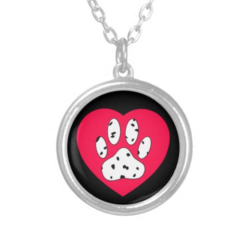 Dalmatian Paw Print In Red Heart Silver Plated Necklace