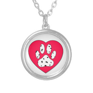 Dalmatian Paw Print In Red Heart Silver Plated Necklace