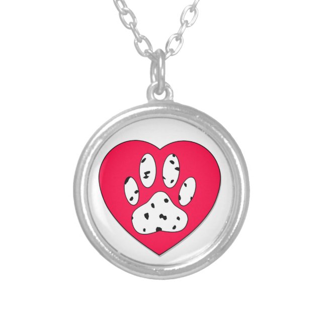 Dalmatian Paw Print In Red Heart Silver Plated Necklace (Front)