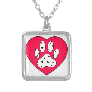 Dalmatian Paw Print In Red Heart Silver Plated Necklace