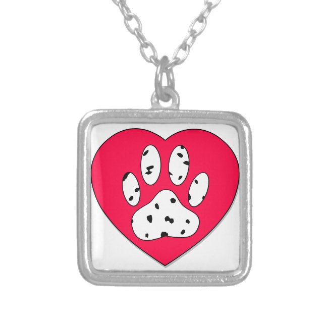 Dalmatian Paw Print In Red Heart Silver Plated Necklace (Front)
