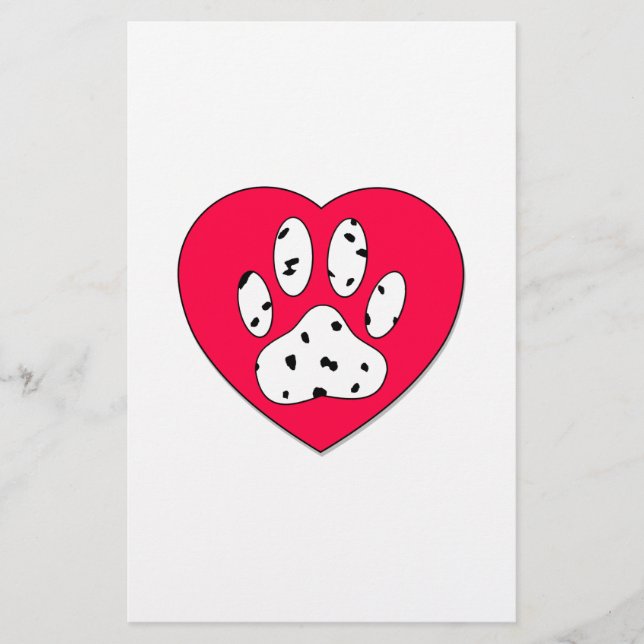 Dalmatian Paw Print In Red Heart Stationery (Front)