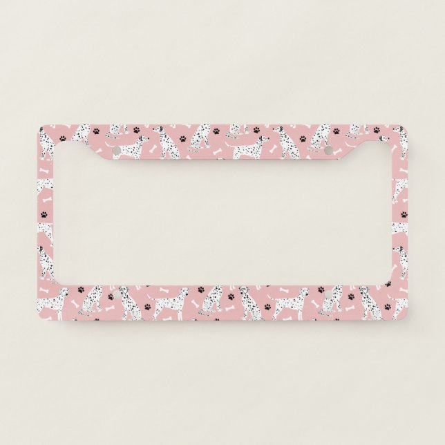 Dalmatian Paws and Bones Pink License Plate Frame (Front)