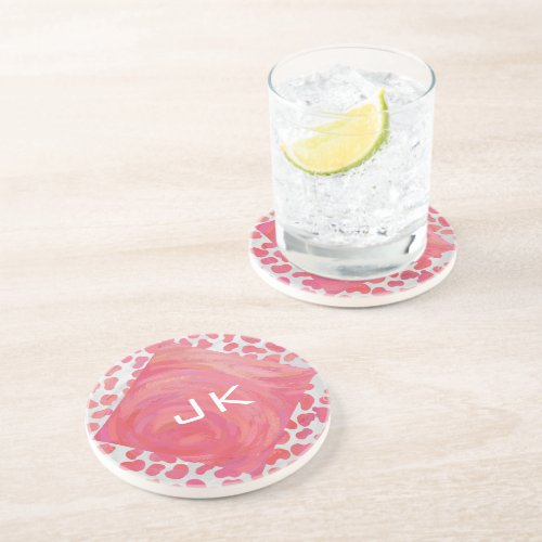 Dalmatian Pink and White with Monogram Coaster