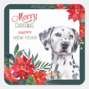 Dalmatian Poinsettia Border Christmas Square Sticker