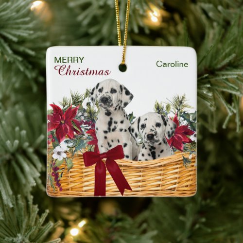 Dalmatian Puppies Poinsettia Christmas Basket Ceramic Ornament