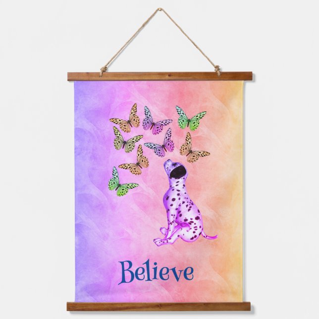 Dalmatian Puppy And Colorful Butterflies Believe  Hanging Tapestry (Front)
