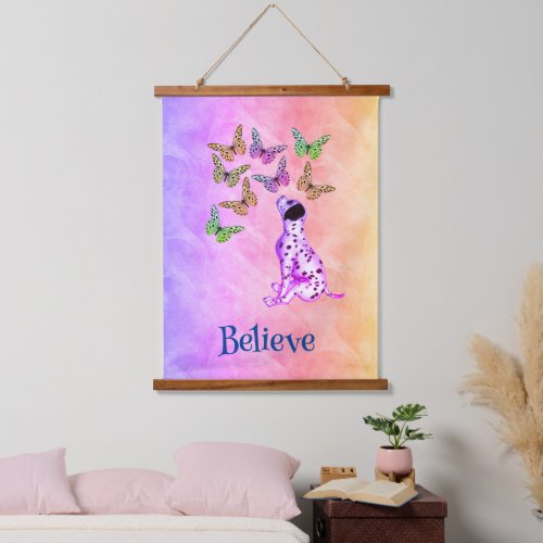 Dalmatian Puppy And Colorful Butterflies Believe  Hanging Tapestry