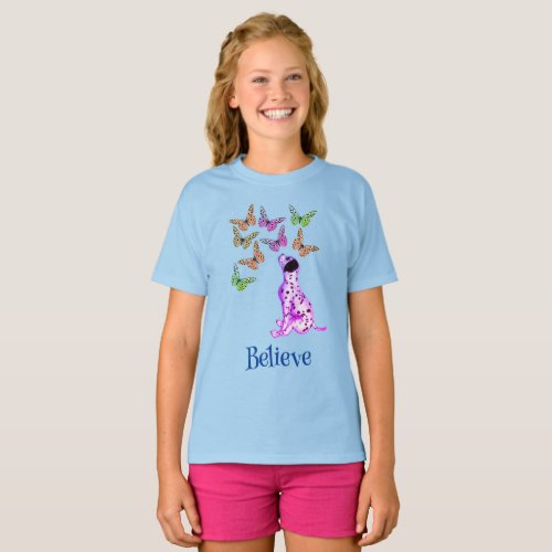 Dalmatian Puppy And Colorful Butterflies Believe  T_Shirt