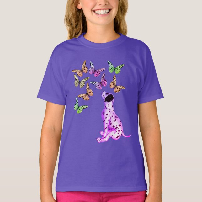 Dalmatian Puppy And Colorful Butterflies   T-Shirt (Front)