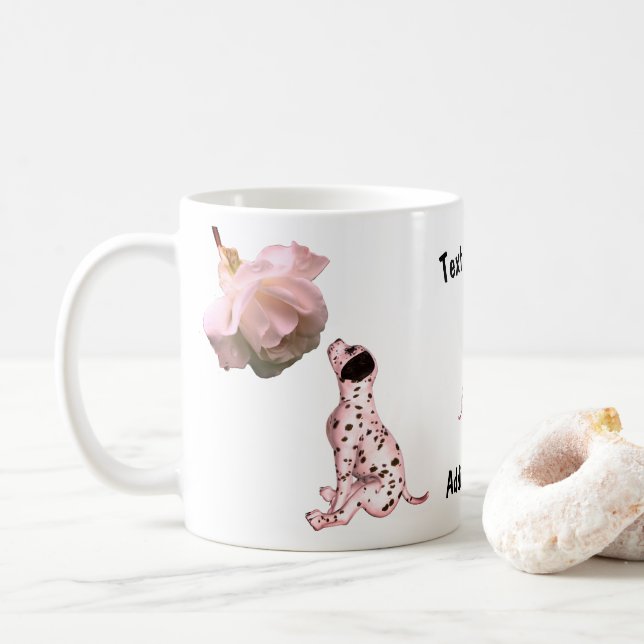 Dalmatian Puppy And White Rose Personalized Coffee Mug (With Donut)