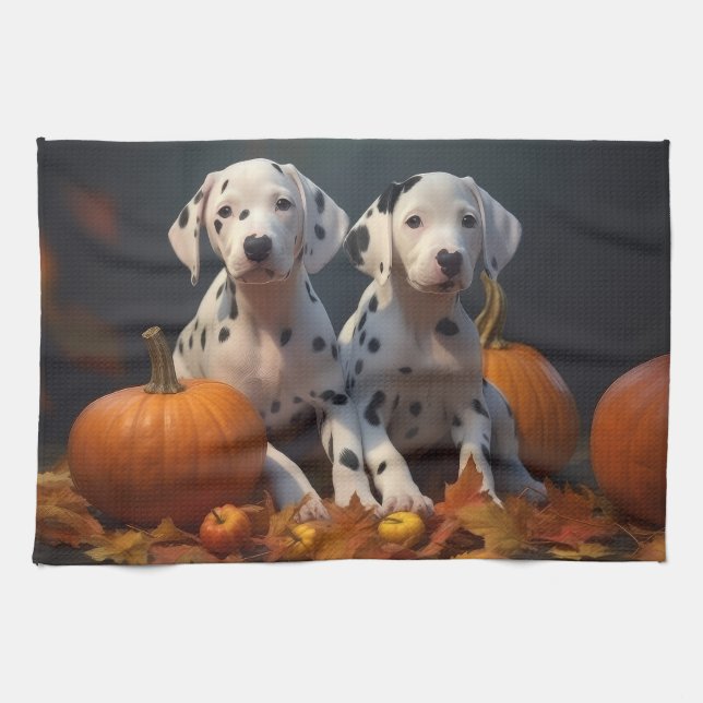 Dalmatian Puppy Autumn Delight Pumpkin  Kitchen Towel (Horizontal)