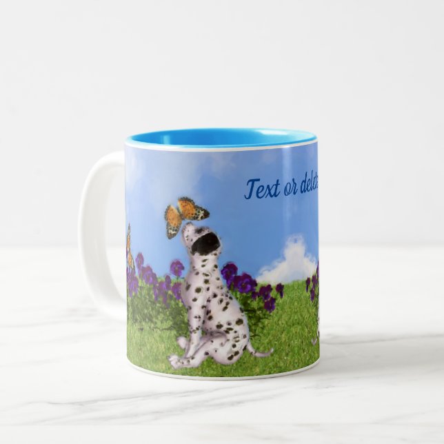 Dalmatian Puppy Butterflies Dog Art Personalized Two-Tone Coffee Mug (Front Left)