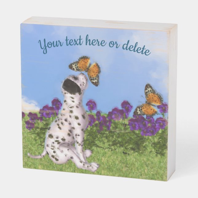Dalmatian Puppy Butterflies Dog Art Personalized Wooden Box Sign (Angled Horizontal)