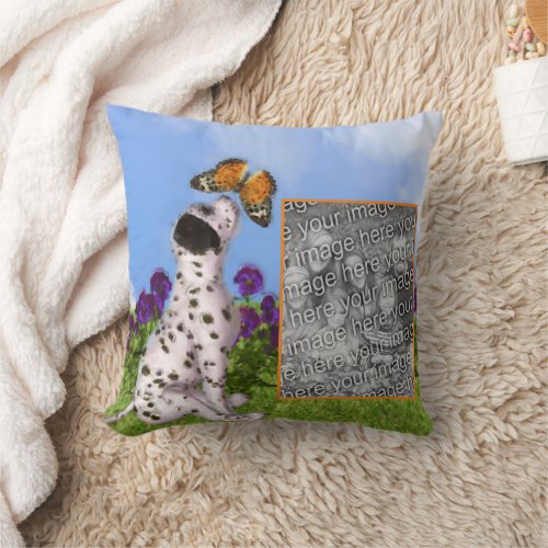 Dalmatian Puppy Butterfly Painting Add Your Photo Throw Pillow