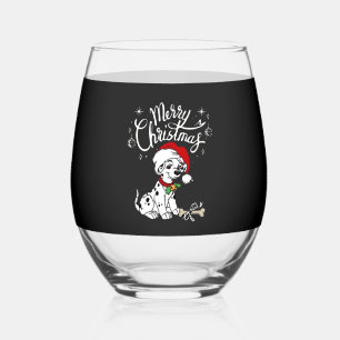 Dalmatian Puppy Dog In A Christmas Santa Hat Xmas Stemless Wine Glass