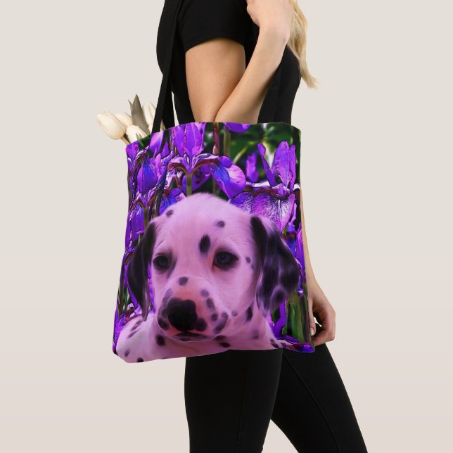 Dalmatian Puppy Iris Flowers Dog Art  Tote Bag (Close Up)