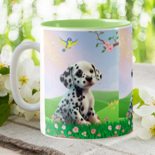 Dalmatian puppy sitting in a garden nursery Two-Tone coffee mug
