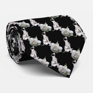 Dalmatian Puppy Smelling White Rose Pattern Neck Tie