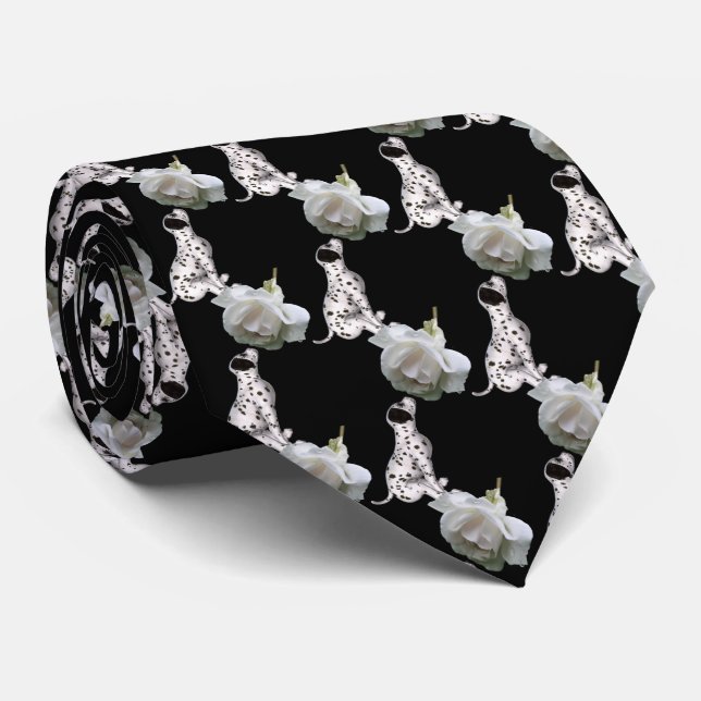 Dalmatian Puppy Smelling White Rose Pattern Neck Tie (Rolled)