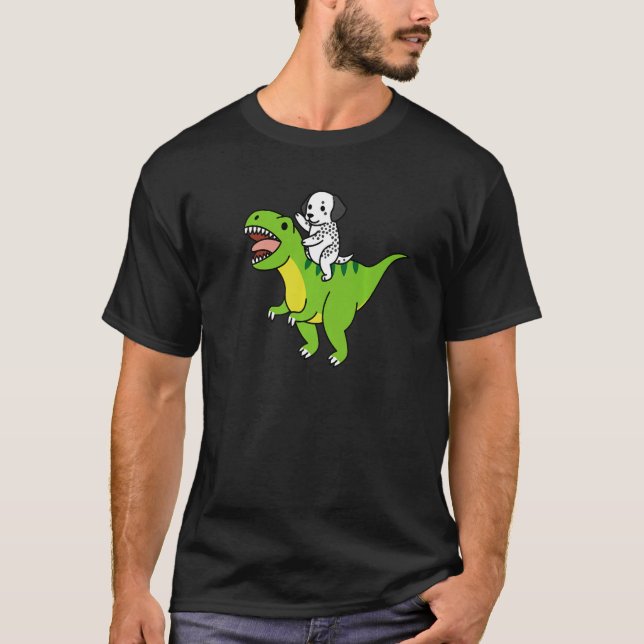Dalmatian Riding Rex Dinosaur Dog T-Shirt (Front)