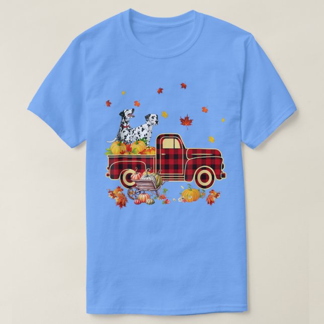 Dalmatian Riding Truck Pumpkin Autumn Leaves Fall  T-Shirt (Design Front)