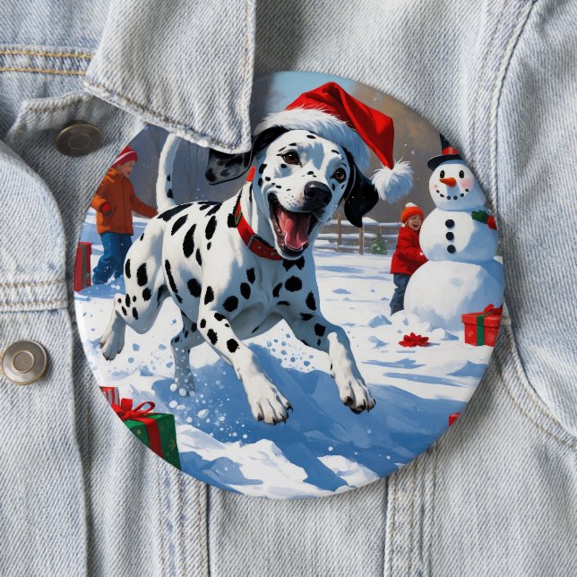 Dalmatian Running in Snow with Christmas Hat Button (In Situ)
