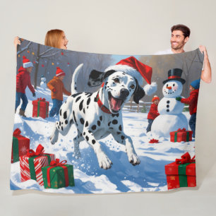Dalmatian Running in Snow with Christmas Hat Fleece Blanket