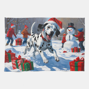 Dalmatian Running in Snow with Christmas Hat Kitchen Towel